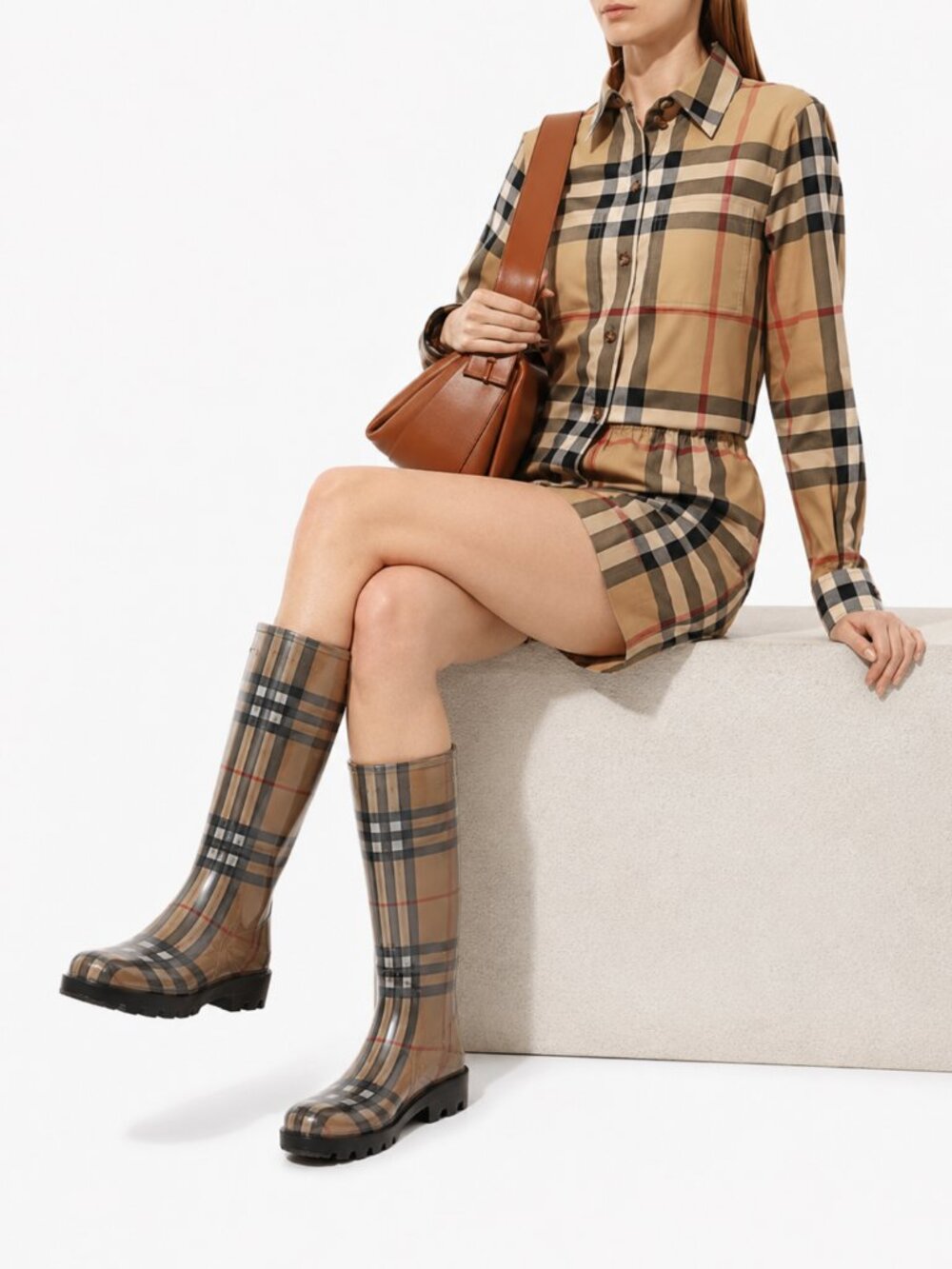 Burberry Nova Check Haymarket Knight High Shaft Lug Sole Rainboots